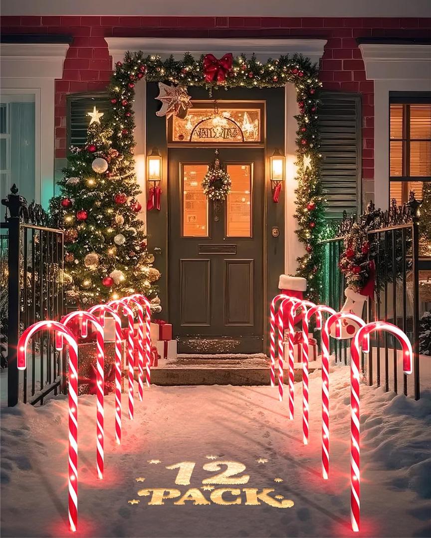 COOLWUFAN 12 Pack Christmas Candy Cane Pathway Markers, 17'' Christmas Outdoor Decorations Pathway Lights with 60 Warm Lights for Indoor and Outdoor Xmas Holiday Party Patio Yard Decor (Red)