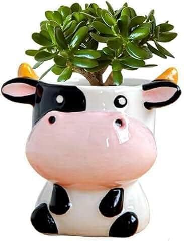 WENDIN Cute Ceramic Succulent Pot Small Indoor Animal Shaped Planter Cute Cactus Flower Pots with Drainage for Office Desk and Home Garden Decor (Cow)