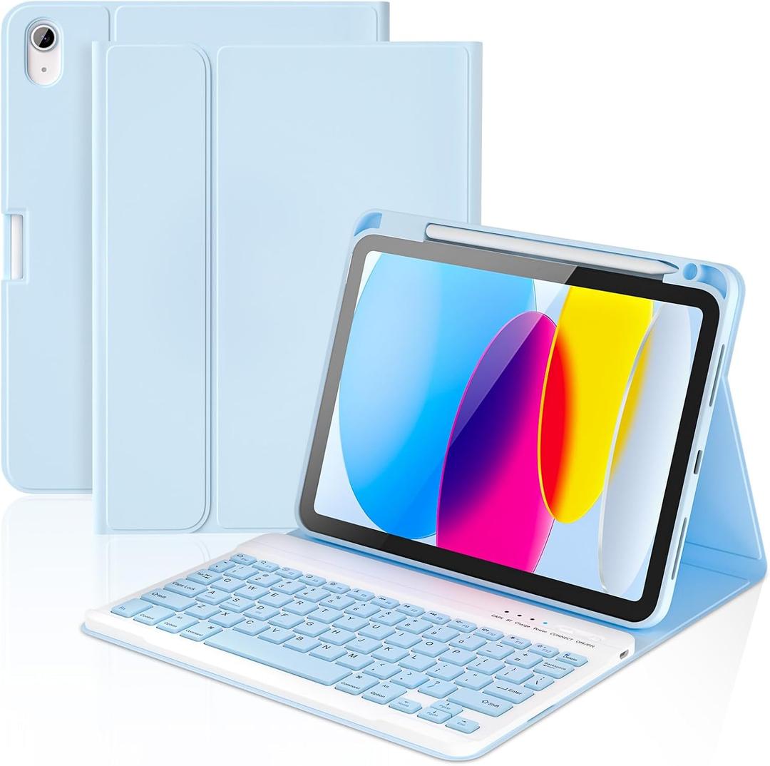 KBCASE For IPad 11Th 10Th Generation Case With Keyboard, Detachable Wireless Keyboard Case For iPad A16 11 Inch 2025/10Th Gen 10.9 Inch 2022, With Pencil Holder (Light Blue)