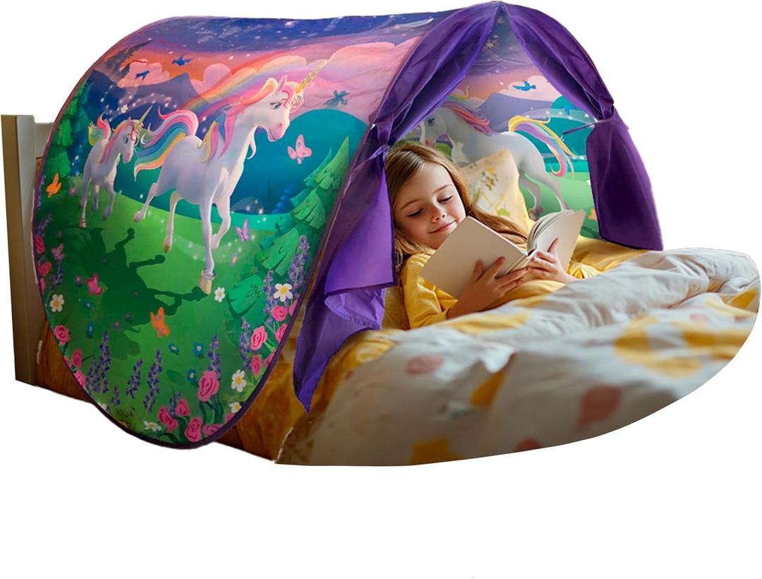 Official Dream Tents Unicorn, Comfortable, Friendship Bracelet Twin Bed Tent for Kids, Imaginative Pop Up Bed Tent Play Area, Reading Nook