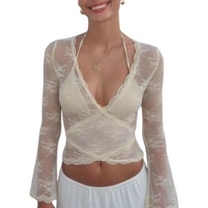 Women's Y2K Long Sleeve Sheer Mesh Top Deep V Neck Embroidery Floral Lace Top Sexy See Through Going Out Crop Tops (Large, White)