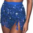 Cubahop Boho Sequin Belly Dance Skirt Hip Belt Tassel Skirt Hip Wrap Scarf Rave Music Festival Costume for Women Girls (Royal Blue)