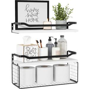 WOPITUES Floating Shelves with Wire Storage Basket, Bathroom Shelves Over Toilet with Protective Metal Guardrail, Wood Wall Shelves for Bathroom Organizers and Storage, Toilet Paper-White (15.7 inch)