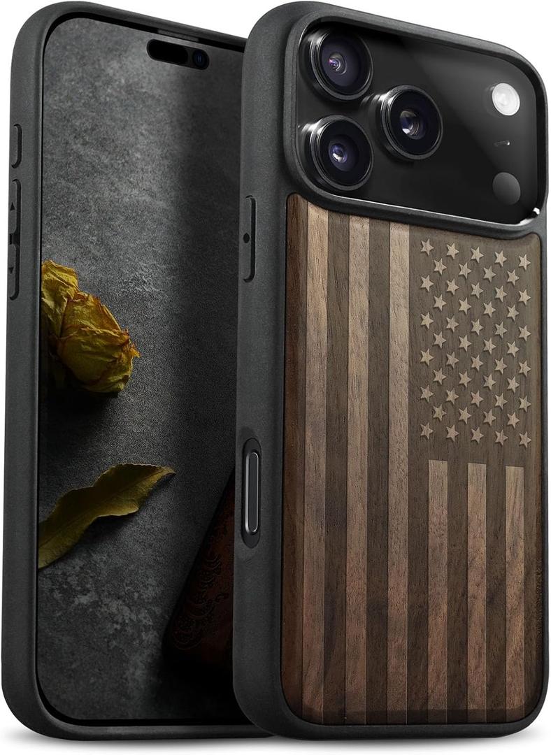 Carveit Magnetic Wooden Case for iPhone 17 Pro Max Case, Wood Artisan Engraved & Black Soft TPU Shockproof Cover, Compatible with MagSafe Wireless Chargers (The Classic American Flag) Walnut