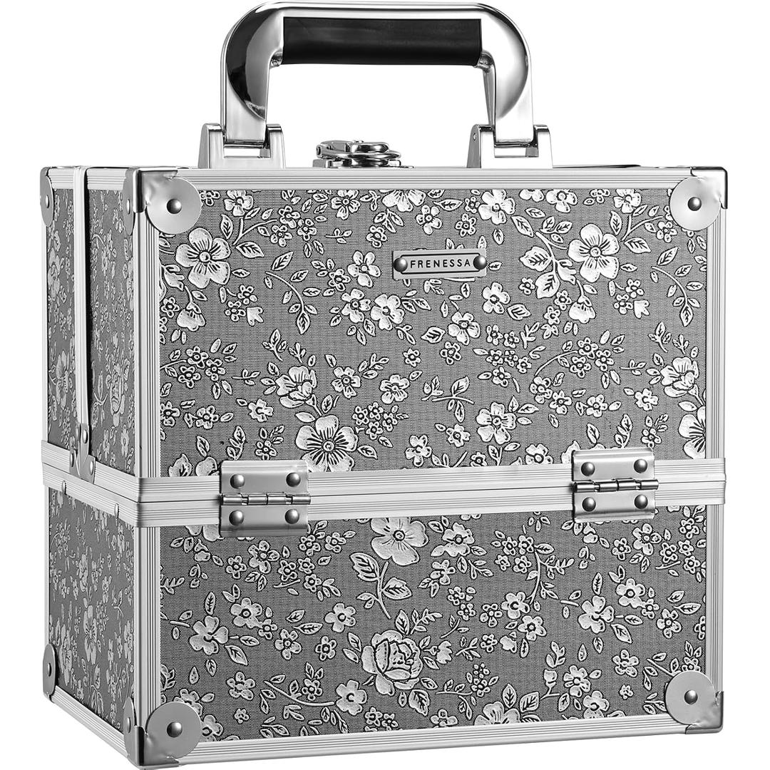 Frenessa Makeup Case Makeup Box Cosmetic Organizer Case Portable Make Up Travel Case Storage Box 4 Trays with Dividers Lockable Hard Train Case Nail Tech Supply Storag Silver Floral