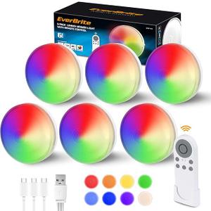 EverBrite Puck Lights with Remote, Rechargeable Linked Sensor Under Cabinet Lights, 10 RGB Colors, Group Control Dimmable Kitchen & Bedroom (6-Pack)