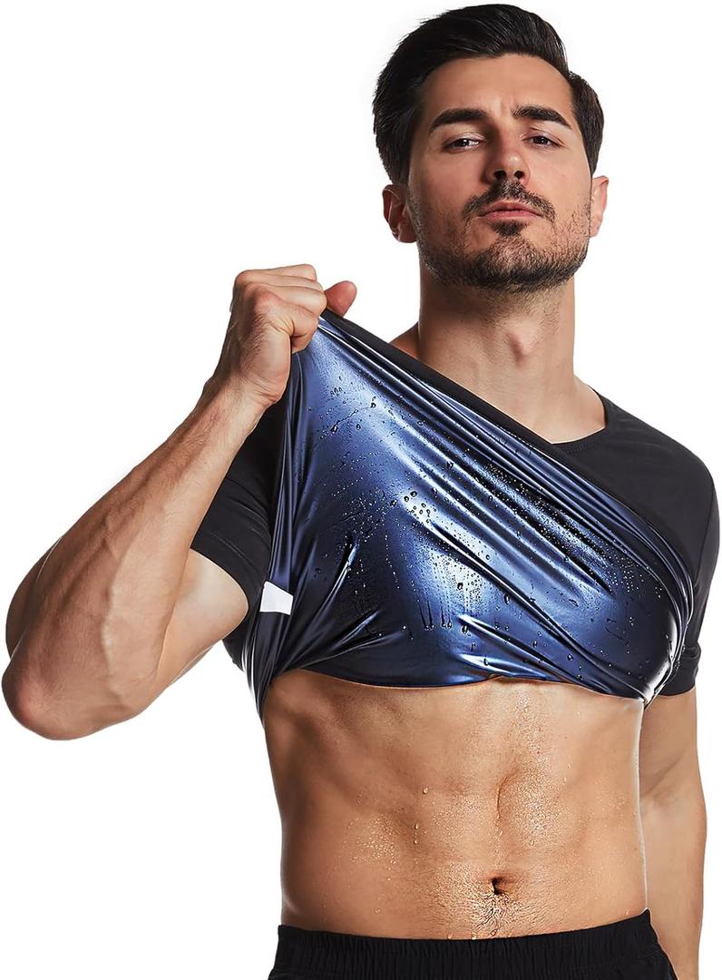 Sauna Shirt for Men,Heat-Trapping Short-Sleeve Sweat Suit, Compression T-Shirt,Body Shaper Vest for Gym Exercise (Small, Black(blue Inside))
