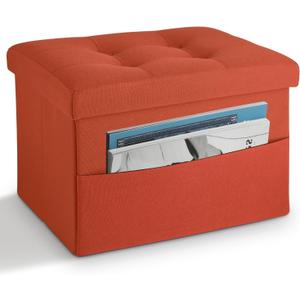 LINMAGCO Storage Ottoman Folding Foot Stool Foot Rest with Side Pocket Modern Ottoman with Storage Short Sofa Stool Linen Cloth 17x13x13(Orange)