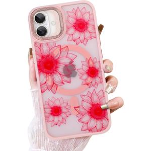 OOK Pink Case Design for iPhone 16 Case [Compatible with MagSafe], Cute Sunflower Floral Blooms Design Frosted Shockproof for Women Girls Magnetic Phone Cover - Pink Flower