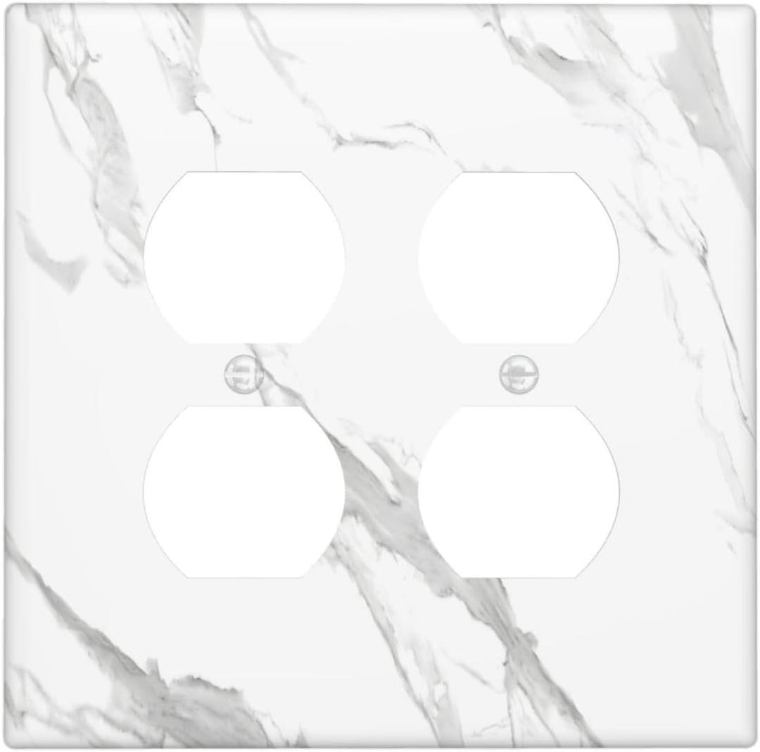 White Vein Marble Abstract Luxury Minimalism Outlet Covers 2 Gang Double Duplex Decorative Light Switch Covers Electrical Wallplates Socket Faceplate for Bathroom Kitchen Decor
