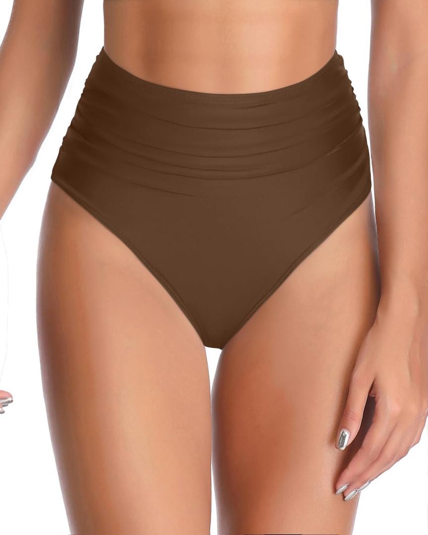 Tempt Me Women High Waisted Bikini Bottom Full Coverage Swimsuit Bottom (Large, Brown)