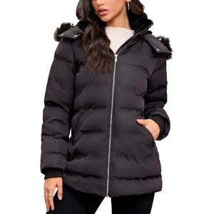 Women's Puffer Parka Winter Coat Warm Fleece Lined Jacket with Faux Fur Hood, Slant Pockets, Elastic Waist (Large, Black)