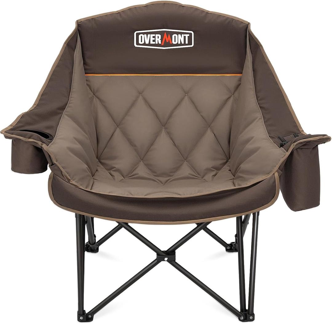 Overmont Oversized XL Camping Chair for Adults - 400lbs Support Heavy-Duty Padded Folding Chair with Side Pocket Cup Holder Cooling Bag for Outdoor Sports Garden Beach Fishing Lawn Khaki