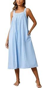 YOZLY Cotton Nightgowns for Women Embroidery Sleeveless Night Gown with Pockets, Blue, X-Large