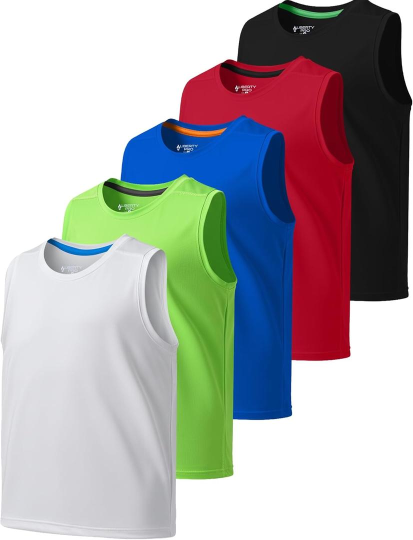 5 Pack: Boys' Athletic Tank Tops Dry Fit Sleeveless Shirts, Youth Kids Performance Workout Clothes (Set 4, Medium)