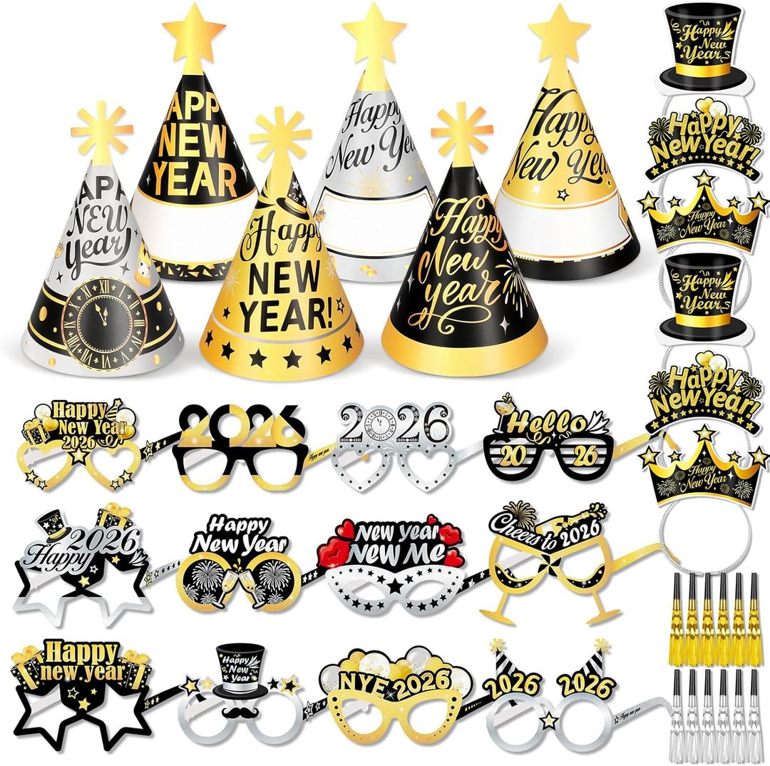 DPKOW New Years Eve Party Supplies 2026 Glasses New Years Eve Party Hats Headbands, Black Gold Silver Paper Glasses NYE Cone Hats and Noise Makers, NYE Decorations Photo Booth Accessories Kit, 36pcs