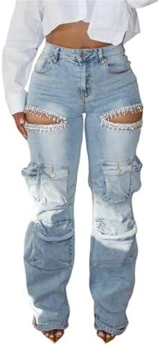 Women's High Waist Baggy Cargo Jeans Sexy Rhinestones Ripped Straight Wide Leg Denim Pants Y2K Streetwear with Pockets M