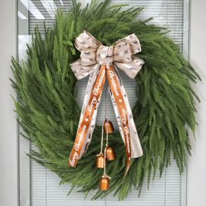 24 Inch Real Touch Norfolk Pine Christmas Wreath with Two-Tone Bow & 4 Copper Bells, Artificial Pine Wreath for Front Door, Wall, Window, Mantle, Table, Indoor & Outdoor Holiday Dcor