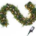 Joiedomi 9FT Christmas Flocked Garland (Cone) Pre Lit with 50 Count Warm White String Lights for Winter Christmas and Holidays, Decorated with Pine Cones, Plug in Lighted Pine Garland, Xmas Collection