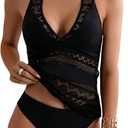 GORGLITTER Women's Crochet Halter Tankini Swimsuits Summer Bow Lace High Waisted Bathing Suit Beach Swim Wear 2025 (Large, Black)