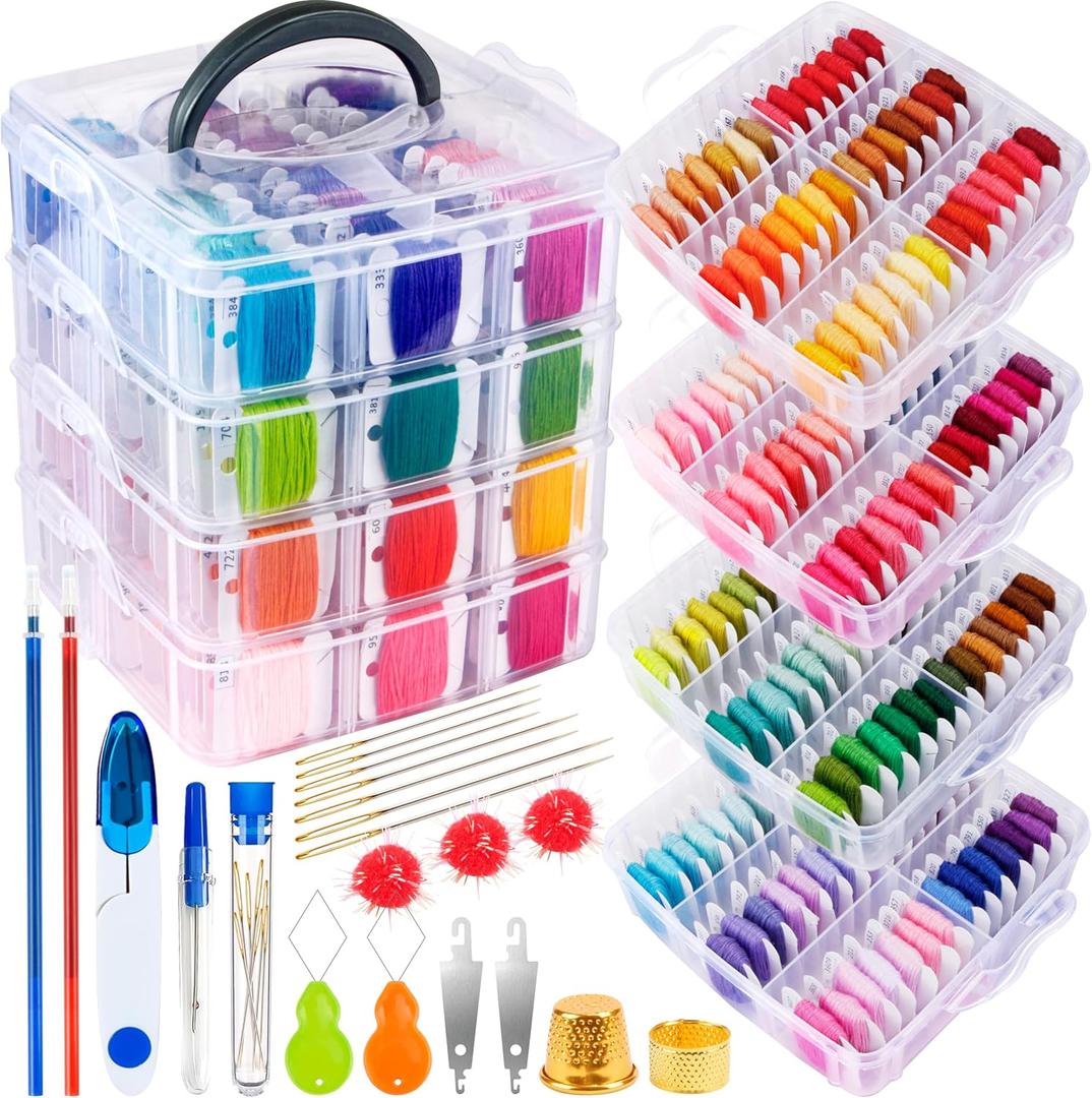 BYMORE 262 Pack Embroidery Thread Floss Kit Including 200 Colors 8 M/Pcs Cross Stitch Sewing Thread with Floss Bins and 62 Pcs Cross Stitch Tool,4-Tier Transparent Storage Box