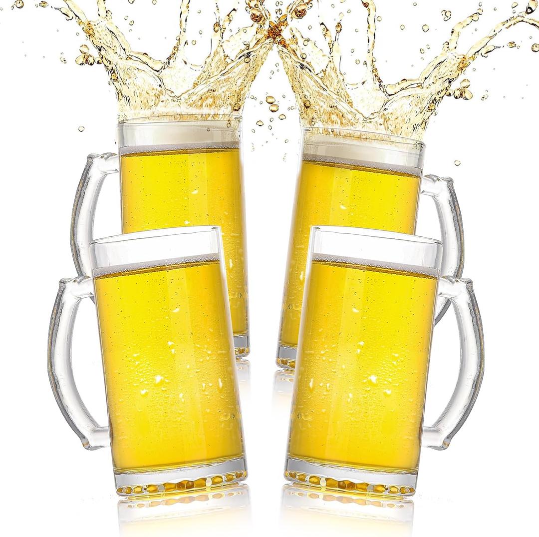4-Pack Beer Glasses for Men | 16 oz Glass Mugs with Handles | Lead-Free & Freezer Safe Bar Cups for, Cocktails, or Water | Gift Set for Beer Lovers - Birthday Gift Set