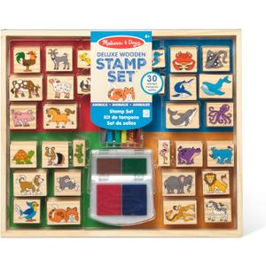 Melissa & Doug Deluxe Wooden Stamp Set: Animals - 30 Stamps, 6 Markers, 2 Stamp Pads Kids Art Projects, Wooden Stamps with Washable Ink, for Kids Ages 4+