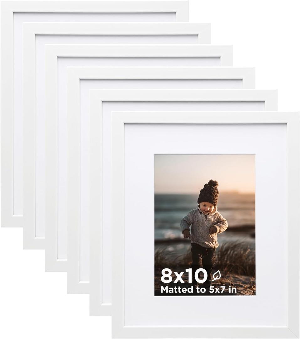 KINLINK 8x10 Picture Frame White Set of 6, Wooden Photo Frames Matted 5x7 with Plexiglass for 5x7 with Mat or 8x10 without Mat for Table and Wall Display