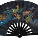 Chinese Kung Fu Tai Chi Fan Arts Dance/Practice Performance Bamboo Folding Fan (Dragon and Phoenix Black Background), 33 cm