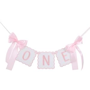 Pink Bow Themed "One" High Chair Banner - Pink Bow Girl 1st Party Decoration,Coquette Scalloped Embroidered First Party Cake Smash Prop for Women Baby Shower High Chair Decor