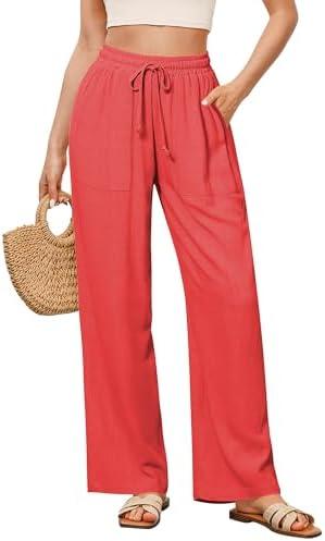 GRAPENT Linen Pants for Women Wide Leg High Waisted Baggy Drawstring Elastic Waist Palazzo Trousers Pants with Pockets 2XL