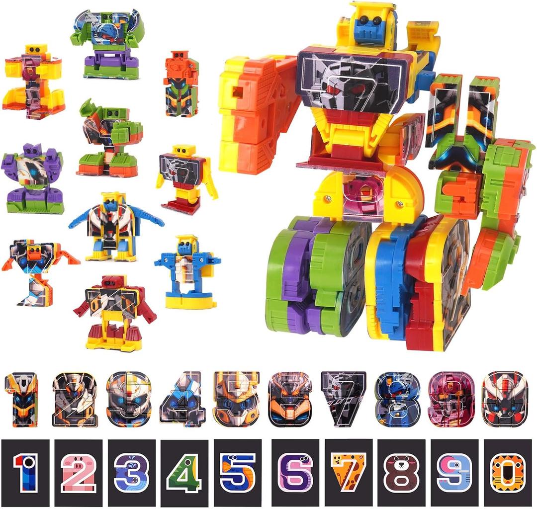 10 in 1 Number Robots Transforming Toys - Convertible to Big Robot, Number Blocks with 10 Digital Cards, STEM Learning Toys for Kids Ages 3+, Gifts for Boys Girls