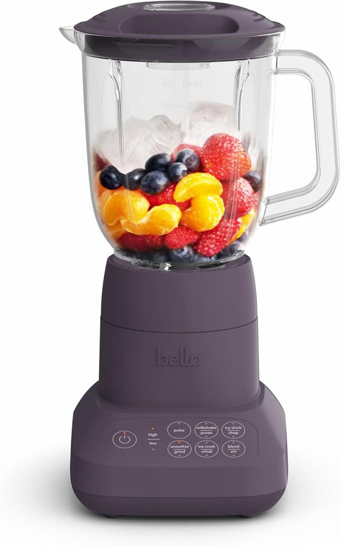 Bella 10 Speed Countertop Blender, Juicer & Smoothie Maker, Fits-anywhere Kitchenware, Slim Flip & Store Design, Dishwasher Safe 48oz Capacity Pitcher & Lid, Stainless Steel Blade, 450 Watt, Plum