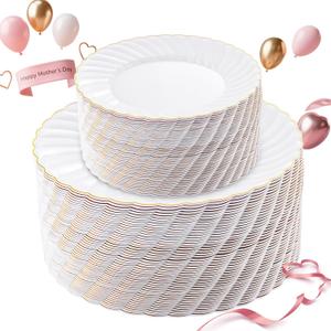 U-QE 100 Pieces Gold Plastic Plates - Premium White Plastic Plates for Party, Wedding and Daily Use Including 50PCS 9 '' Plastic Dinner Plates & 50PCS 6.5 '' Plastic Dessert Plates