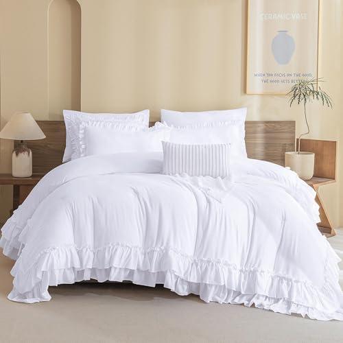 QSH White Ruffled Comforter Twin Size,3PCs Farmhouse Shabby Boho Chic White Bedding Comforter Twin Vintage Lightweight Fluffy Microfiber Bedding Set
