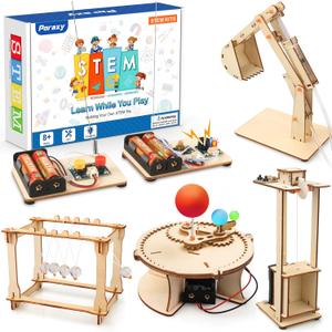 Poraxy 5 Set STEM Science Kits for Kids Age 8-12, Wooden Building STEM Projects 8-10, 3D Puzzles, Experiment Circuits Model, Toys for Ages 8-13, Gifts for Boys and Girls 6 7 8 9 10 11 12 13 Years Old