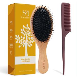 Boar Bristle Hair Brush - Boar and Nylon Bristle Brush for Women Men Kids Smoothing Detangling - Wooden Hairbrush with Plastic Tail Comb for Long Thick Curly Hair (Brown)