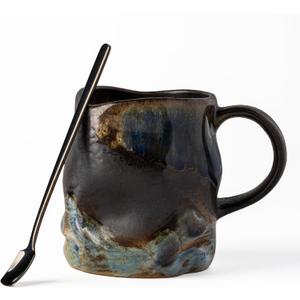 Handmade Ceramic Coffee Mugs, Mugs with Coffee Spoon, 11oz, Handmade Pottery Mug with Handle, Hand-painting, Unique Uneven Surface Tea cups, Dishwasher and Microwave Safe (Coffee Color)