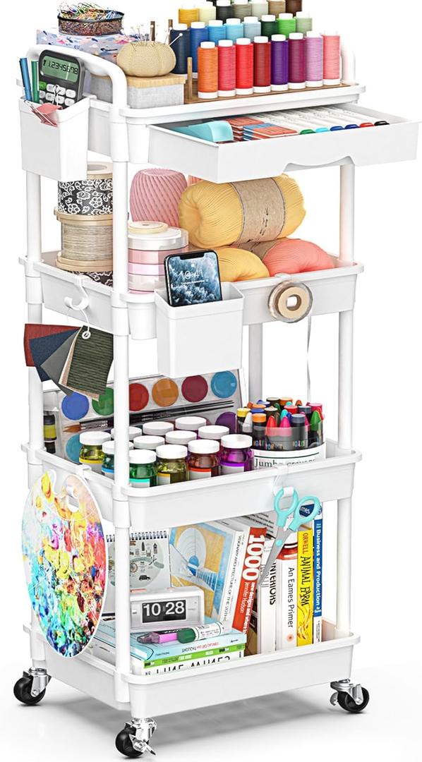 4 Tier Rolling Utility Cart with Drawer, Storage Organizer Cart with 2 Lockable Wheels, Multifunctional Rolling Storage Cart for Bathroom, Kitchen, Craft, Makeup, Baby Essentials, White