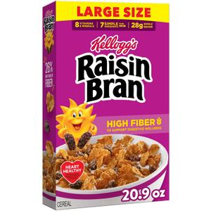 Kelloggs Raisin Bran Breakfast Cereal, High Fiber, 28g Whole Grain, Large Size, 20.9 oz