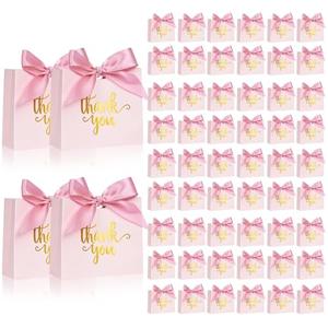 60Pack Small Thank You Gift Bags, 4.5x1.8x3.9 Inches Pink Mini Gift Bags Bulk with Ribbon Wedding Candy Favor Boxes Birthday Party Favor Bags for Baby Shower Anniversary