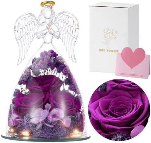 Emibele Mother's Day Angel Rose Gifts for Mom Grandma, Preserved Real Rose in Glass Angel Figurines, Eternal Flower Rose Gifts for Women on Birthday Valentines Anniversary Thanksgiving, Purple