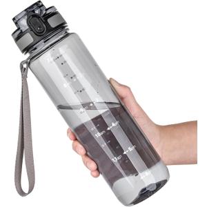 OLDLEY 32 oz Water Bottle, Motivational Water Bottle with Time Marker, Sports Water Bottle With Strap, Leakproof & BPA Free Large Water Bottles for School, Gym,Outdoor, Tritan, Transparent-Gray (32 Ounces, B-Transparent-Gray)