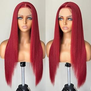 FABLLE Red Lace Front Wig - Long Straight, Pre Plucked with Baby Hair, Glueless, 26 Inch, Rose Red