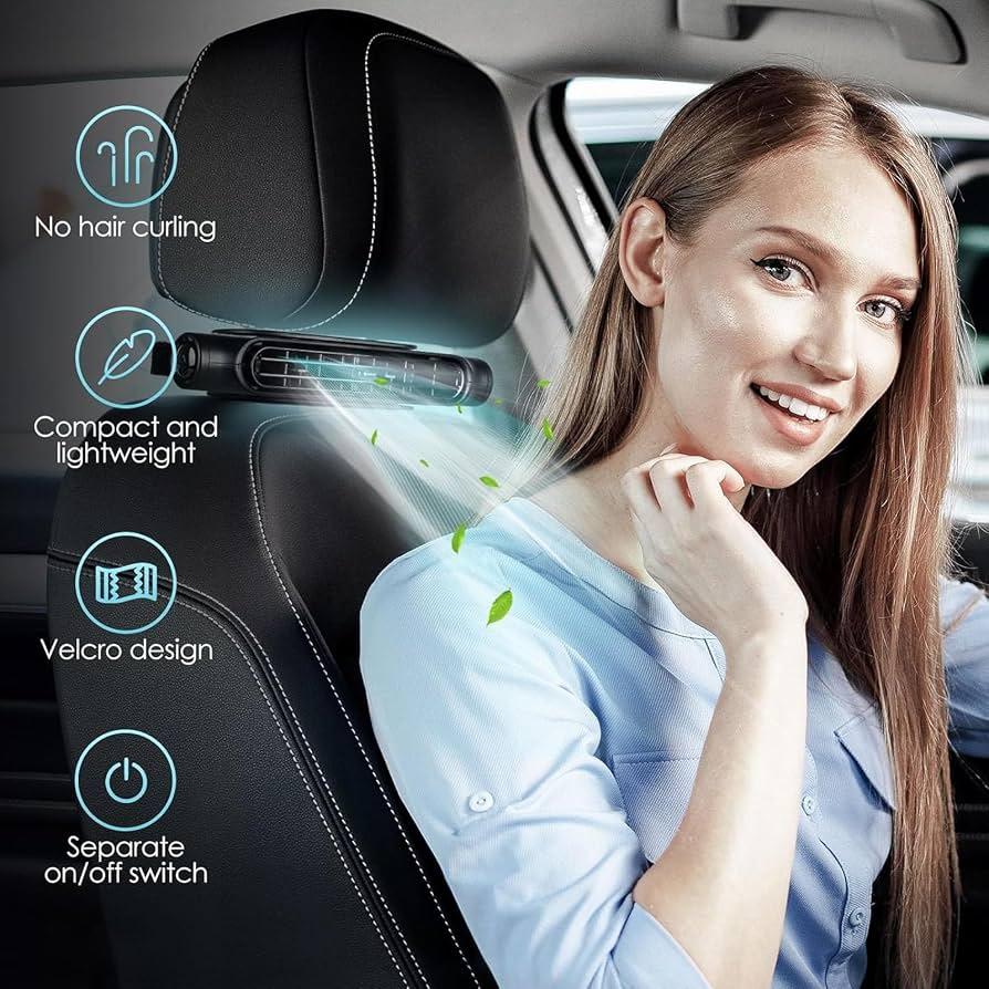 Quiet Car Seat Fan USB Bladeless, 3 Speeds Adjustable, Front & Backseat Cooling Fan for Travel, Car Headrest Fan, Quiet Running, Compatible with Car Chargers & USB Outlets (Black)