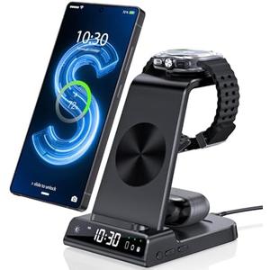 Wireless Charger for Samsung Charging Station with Clock for Samsung Galaxy S25 Ultra/S24 Ultra/Z Fold 7/6/Flip7/Bud, 3 in 1 Android Charging Station, Watch Charger for Samsung Galaxy Watch 8/7/6/5Pro