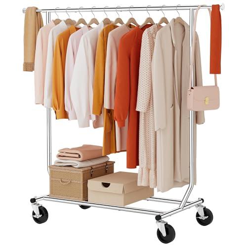 Tajsoon Clothing Rack Heavy Duty Clothes Racks Foldable Garment Rack with Wheels and Extendable Rod, Collapsible Clothing Rack Max Capacity 250lbs, Industrial Rolling Racks with Bottom Shelf, Chrome