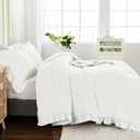 WONGS BEDDING White Queen Comforter Set,Boho Ruffle Comforter for Queen Bed,Soft Seersucker Shabby Chic Bedding Set with 1 Comforter,2 Tufted Pillowcases 90"90"