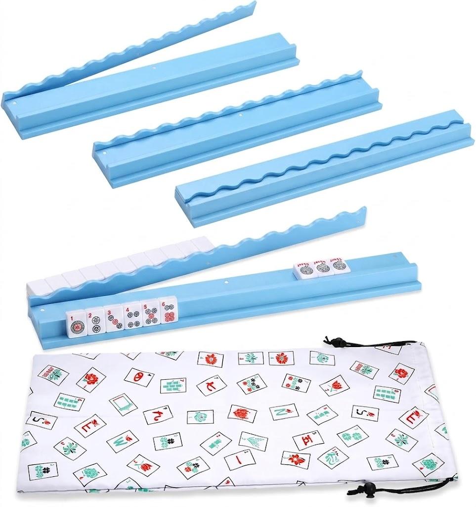 Lqliow Upgraded Version,Mahjong Racks with Pushers,20 Inch,Wooden American Mahjong Tile Pushers and Racks Set of 4, with 4 Mahjong Racks Drawstring Bag, Mahjong Accessories（Blue）