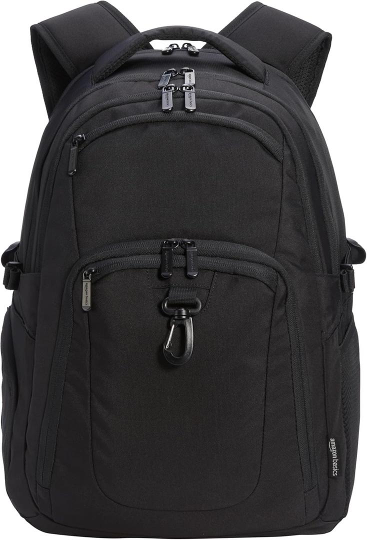 Amazon Basics Travel Laptop Backpack with Multiple Pockets and Compartments for 17 in / 43.1 cm Laptop, Water Resistant, Spacious with Padded Shoulder Straps, Black